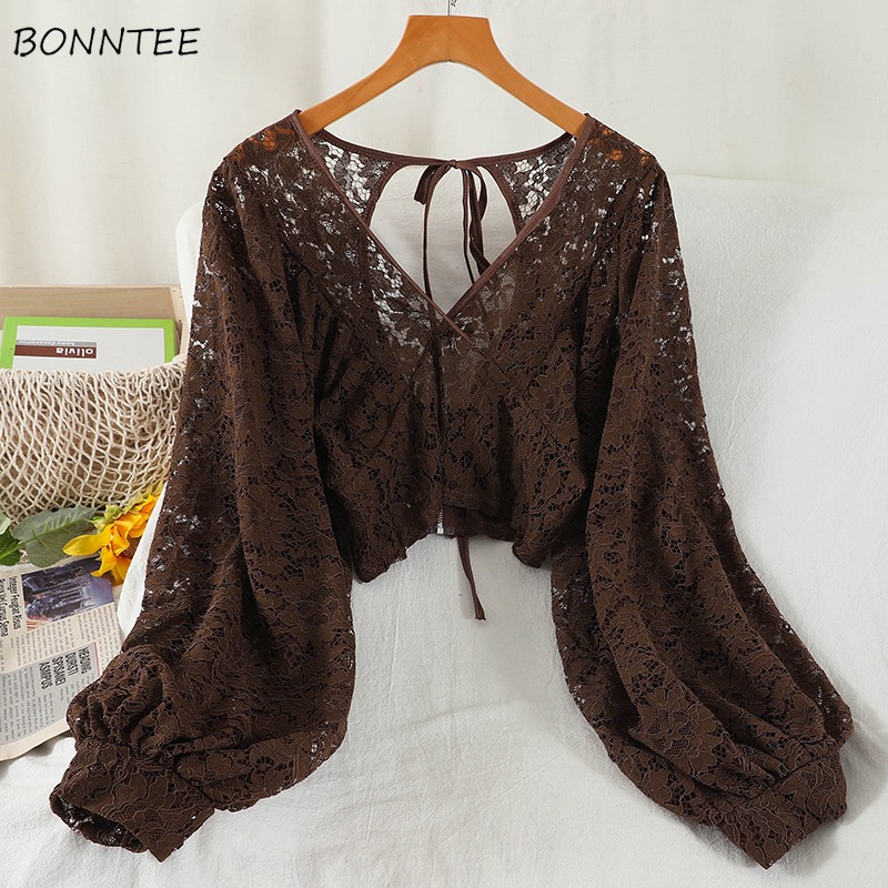 Crop Blouse Linen - Blouses Women Solid Lace Simple Design