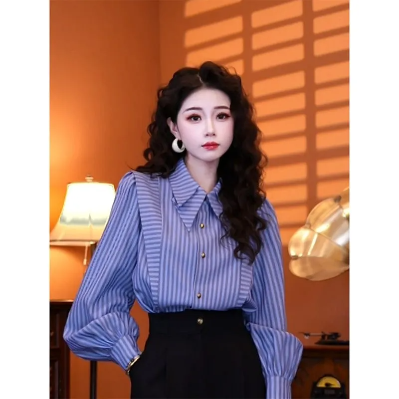 Summer Clothing In French - Blue Striped Long-sleeved Shirt Top Autumn