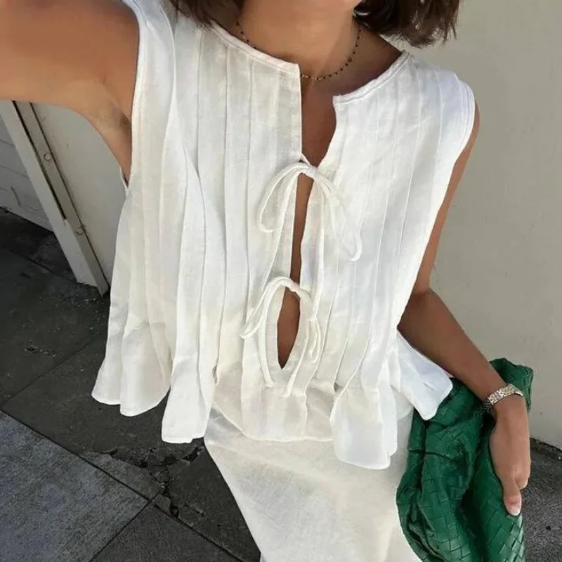 Crop Blouse Linen - Linen Cotton Pleated Lace Up Sleeveless