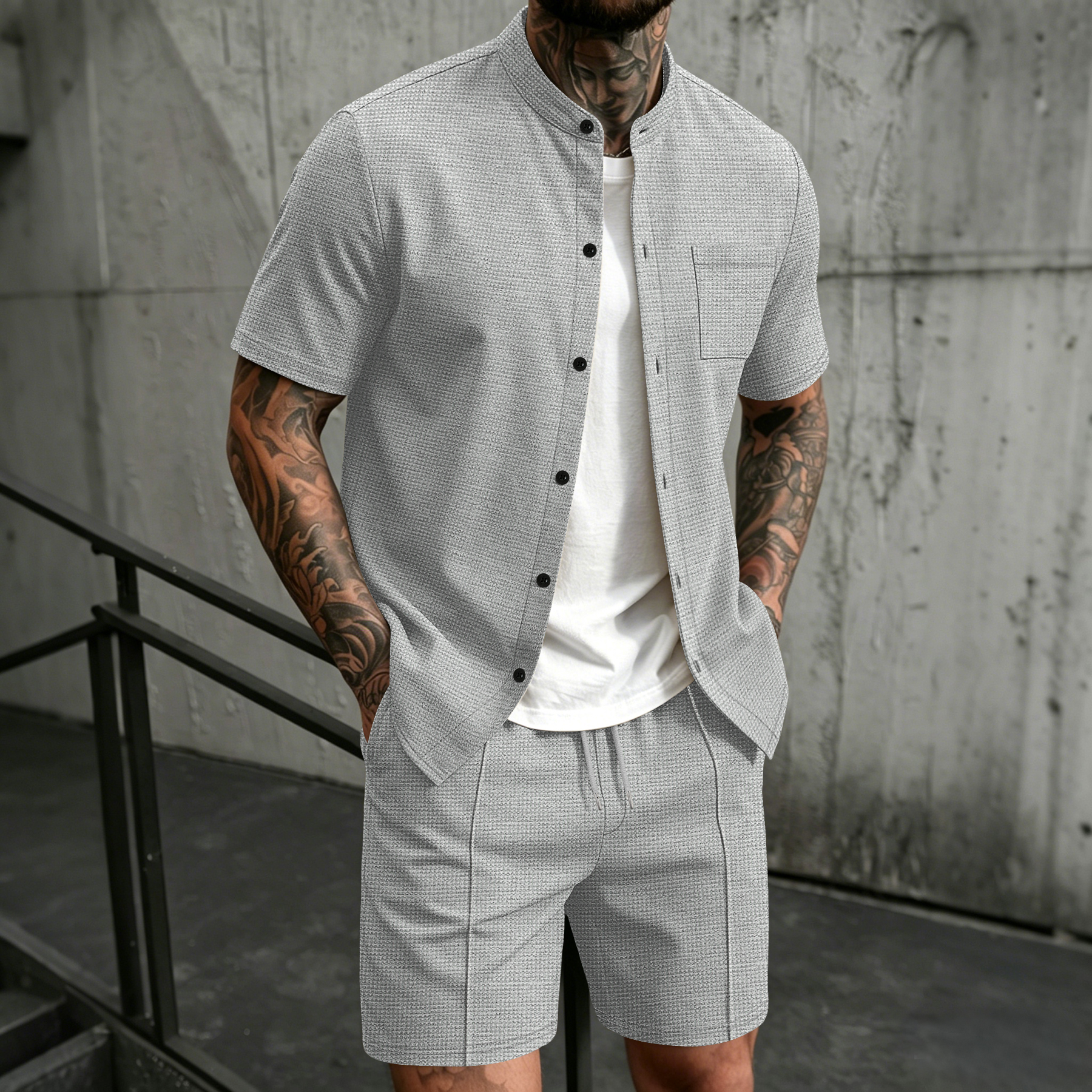 Summer Clothing Guys - Men's 2 Piece Outfit, Stand Collar