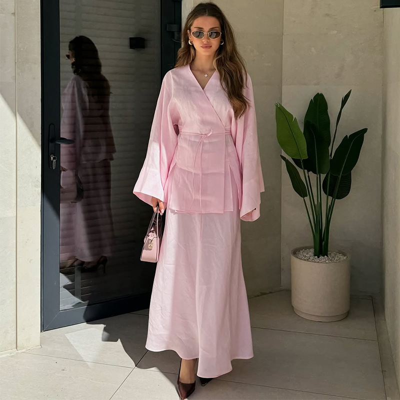 Summer Linen Clothing For Women - Two Pieces Women Dress Sets Solid