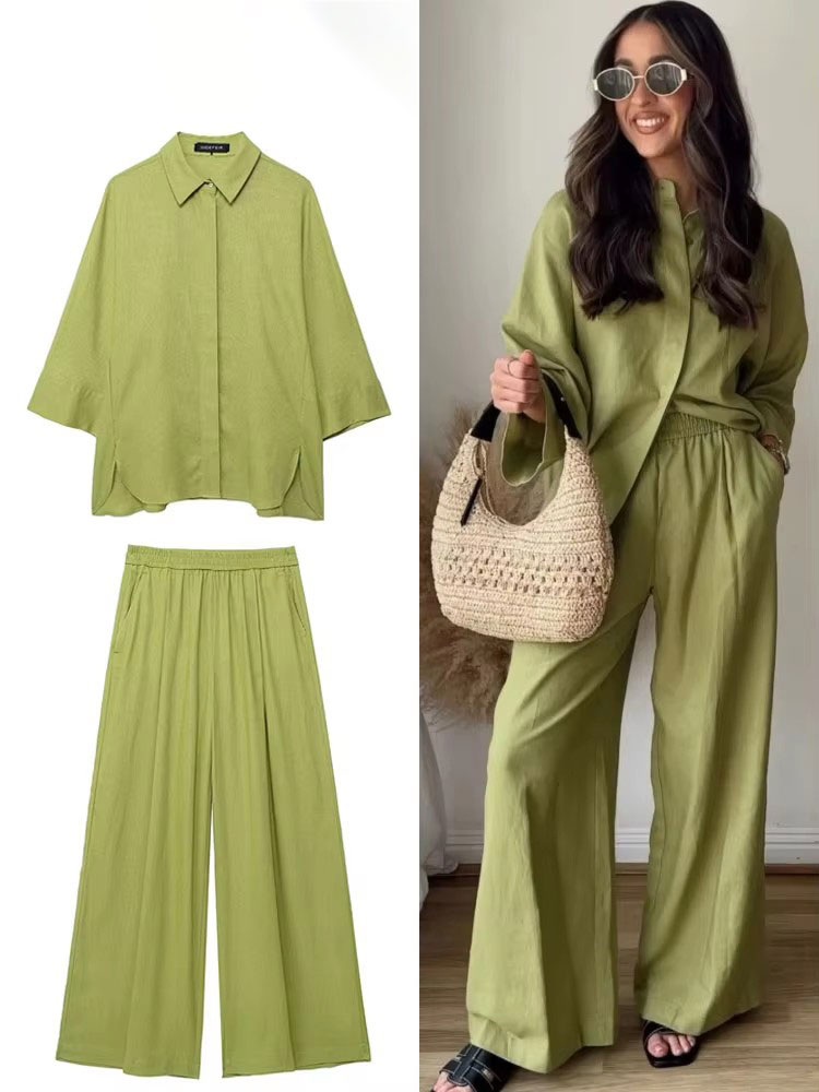 Summer Linen Clothing For Women - HH Women Casual Solid Blouse Pant