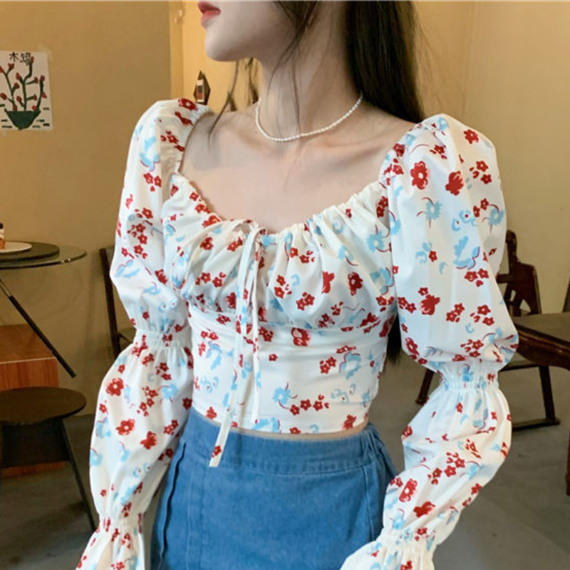 Floral Blouses Women Puff Slee - Crop Blouse Linen のレビューと価格