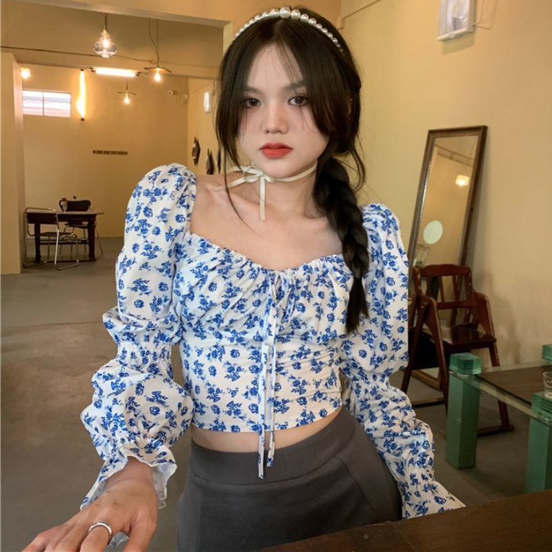 Floral Blouses Women Puff Slee - Crop Blouse Linen のレビューと価格