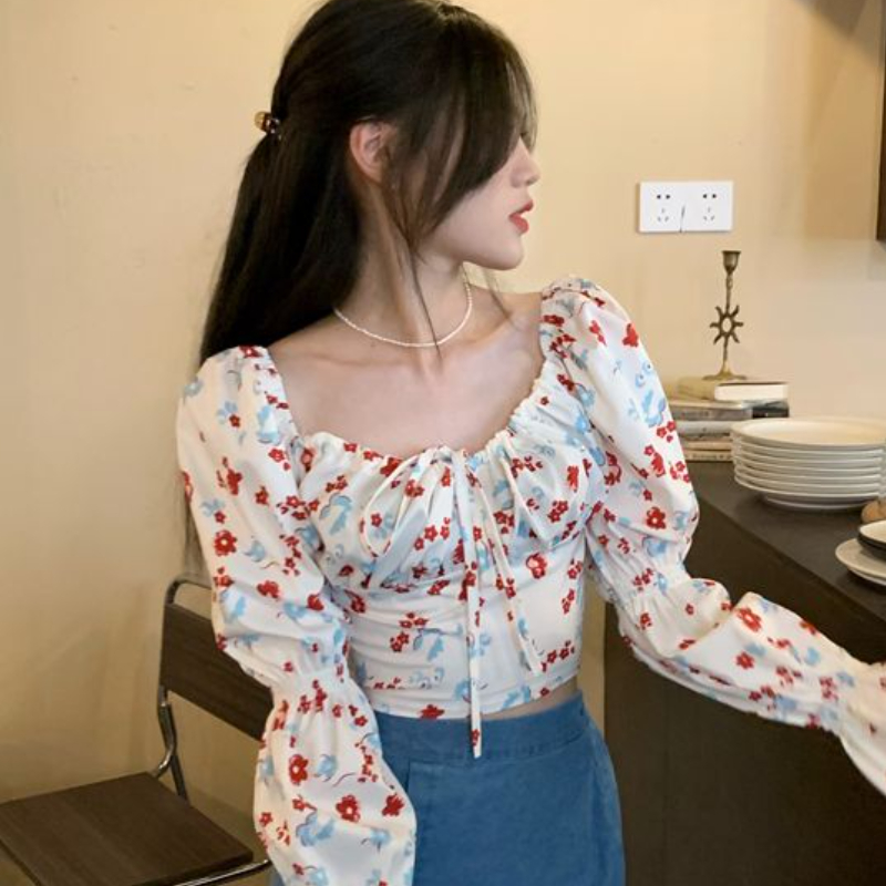 Floral Blouses Women Puff Slee - Crop Blouse Linen のレビューと価格