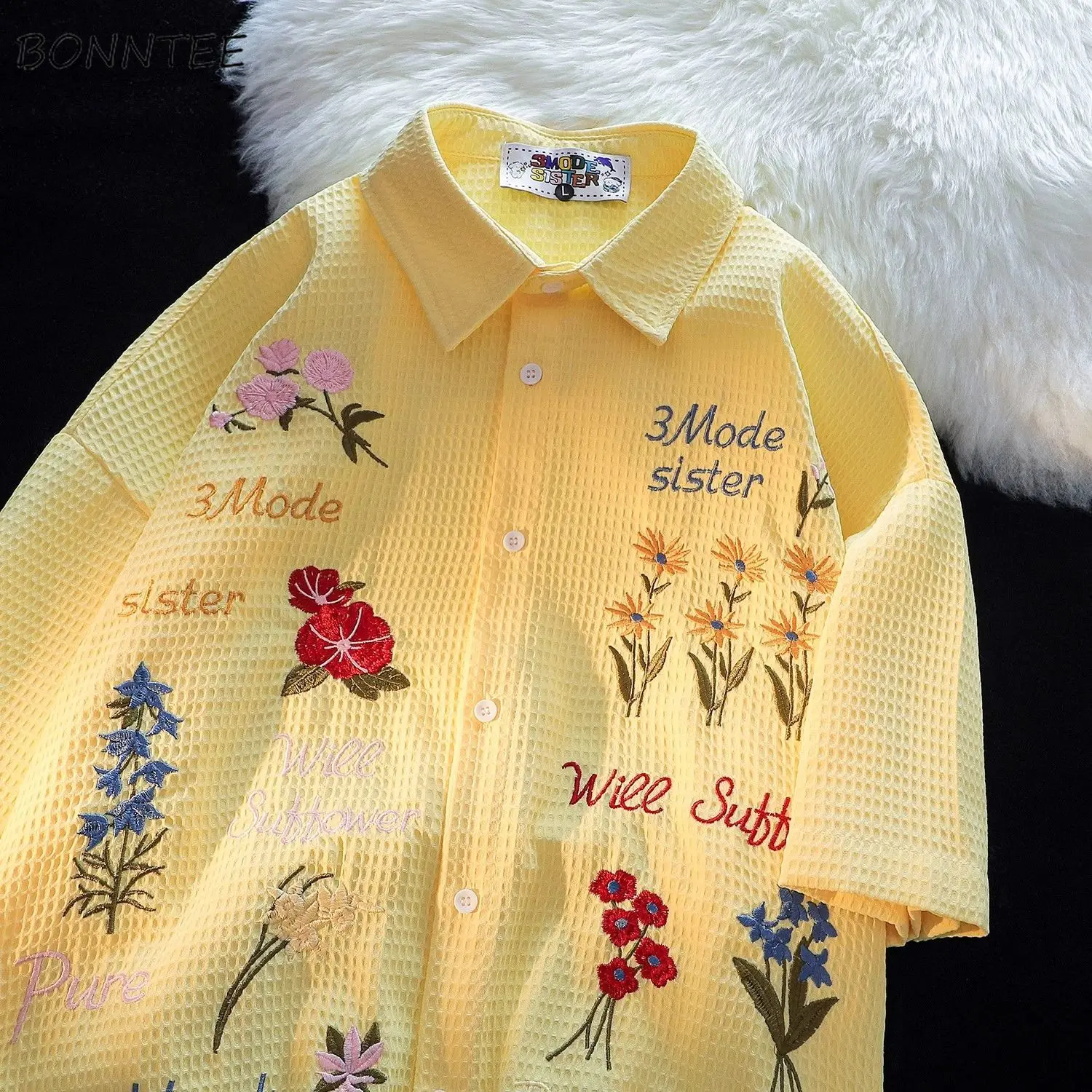 Waffle Floral Embroidery Shirt - Summer Holiday Clothing Women のレビューと価格