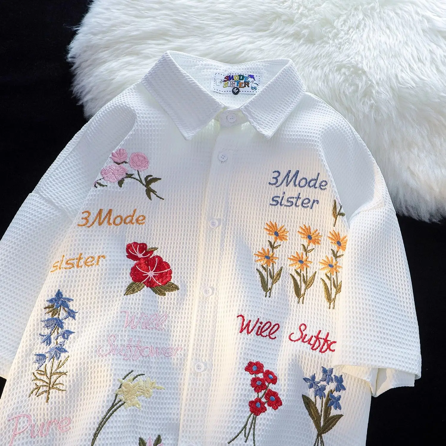 Waffle Floral Embroidery Shirt - Summer Holiday Clothing Women のレビューと価格