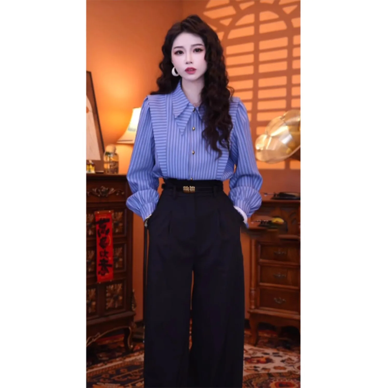 Blue Striped Long-sleeved Shir - Summer Clothing In French のレビューと価格