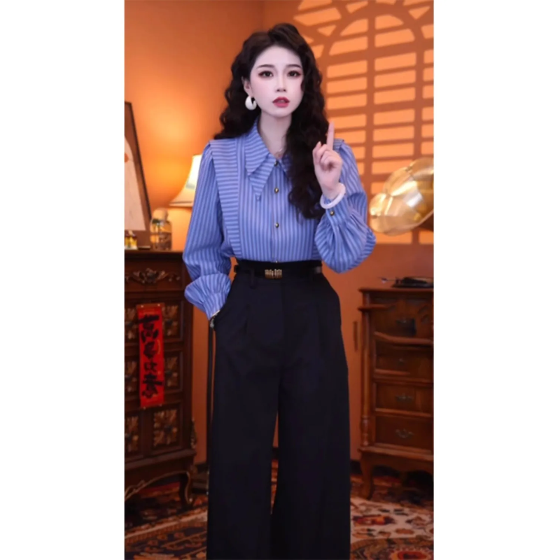 Blue Striped Long-sleeved Shir - Summer Clothing In French のレビューと価格