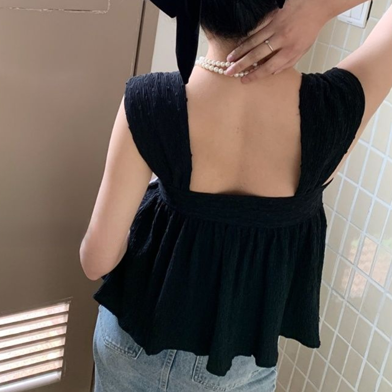 Sleeveless Blouses Women Backl - Crop Blouse Linen のレビューと価格