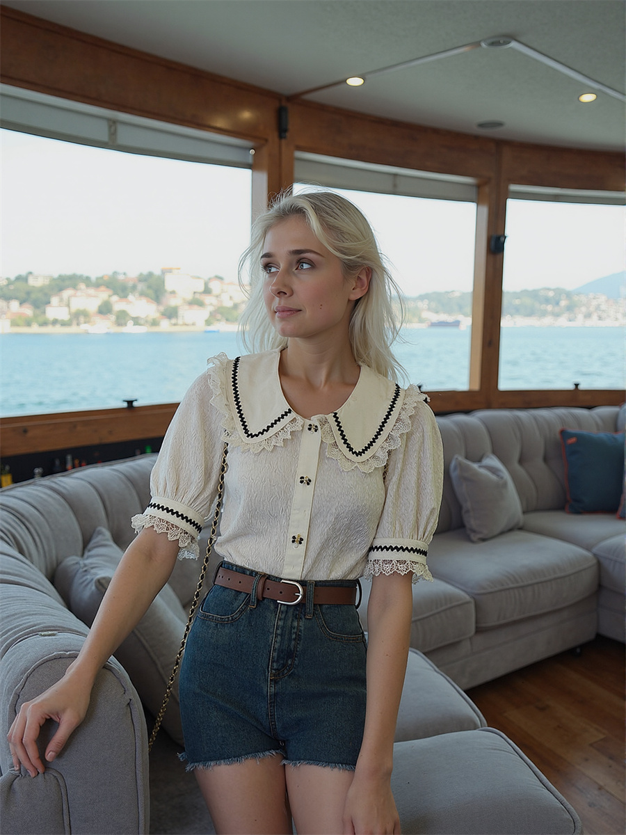 Cute Lace Shirts Girls Blouses - Crop Blouse Linen のレビューと価格