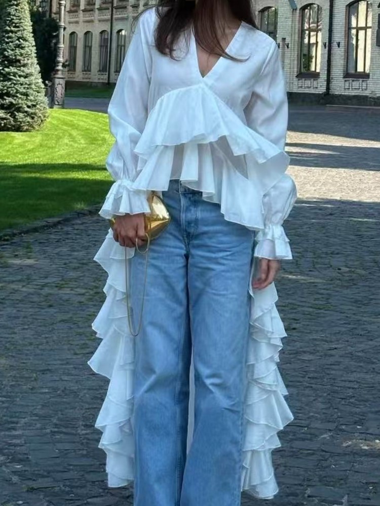 Fashion Ruffles Long Shirt Top - Summer Holiday Clothing Women のレビューと価格