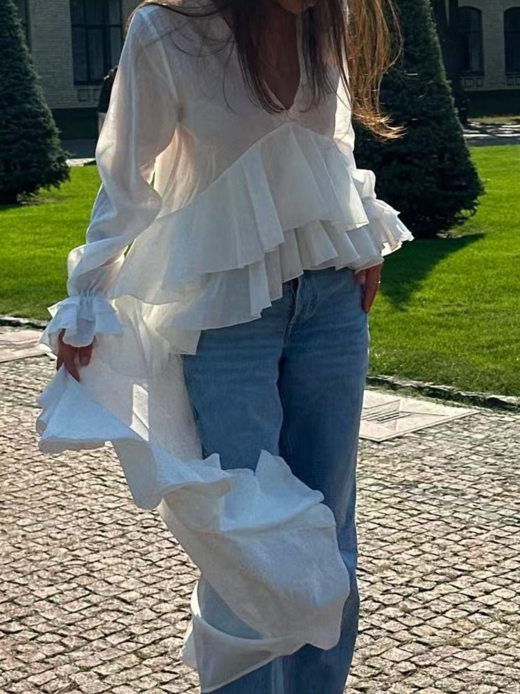 Fashion Ruffles Long Shirt Top - Summer Holiday Clothing Women のレビューと価格