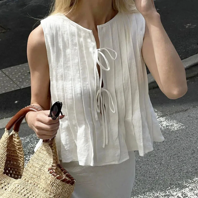 Linen Cotton Pleated Lace Up S - Crop Blouse Linen のレビューと価格