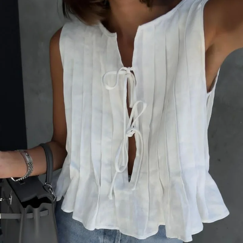 Linen Cotton Pleated Lace Up S - Crop Blouse Linen のレビューと価格
