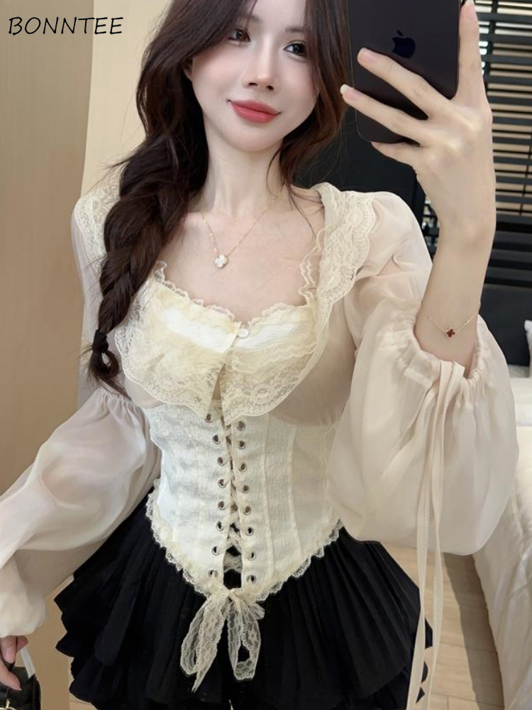 Solid Blouse Women Lace-up Cro - Crop Blouse Linen のレビューと価格