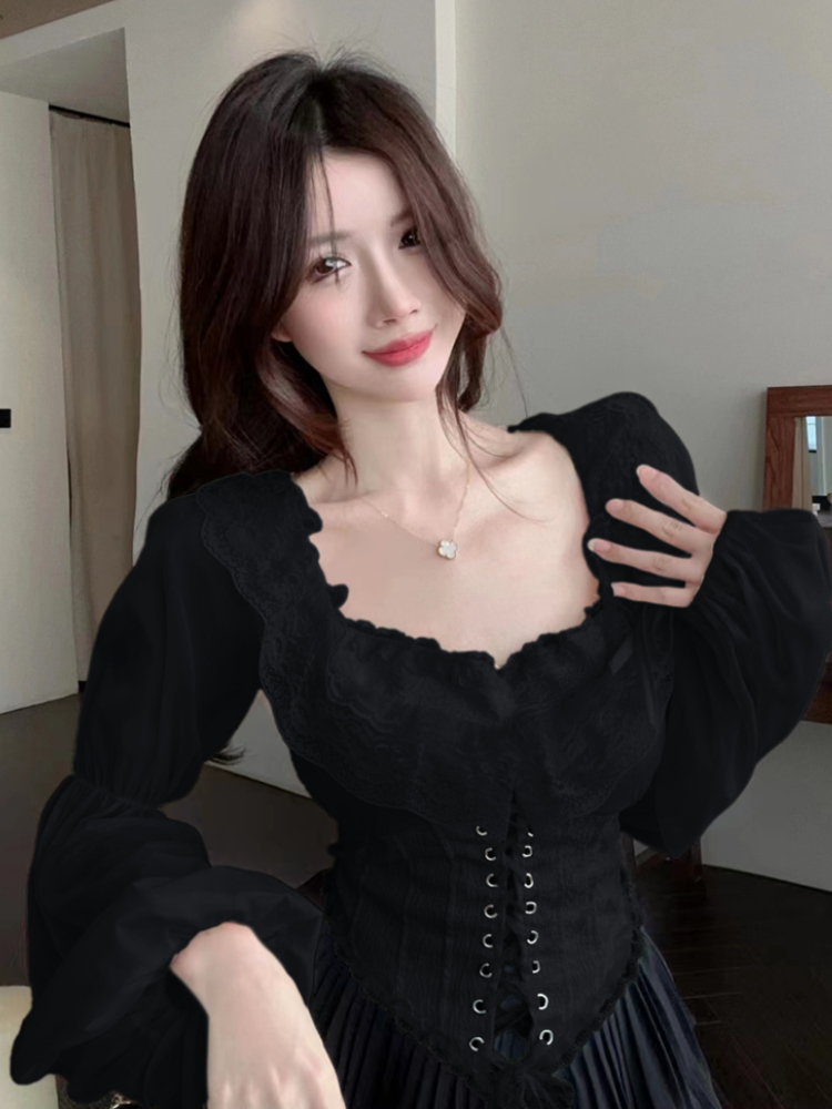 Solid Blouse Women Lace-up Cro - Crop Blouse Linen のレビューと価格