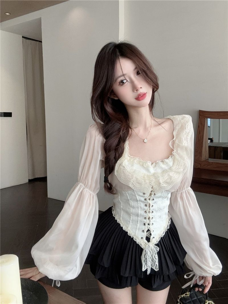 Solid Blouse Women Lace-up Cro - Crop Blouse Linen のレビューと価格