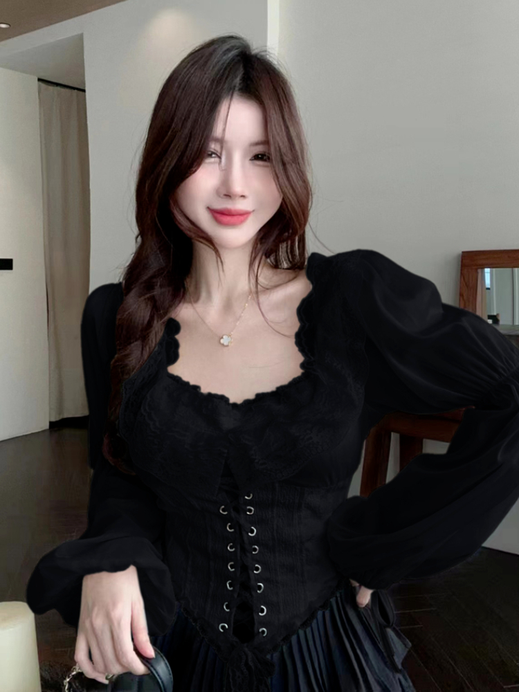 Solid Blouse Women Lace-up Cro - Crop Blouse Linen のレビューと価格