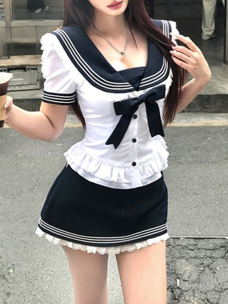 College Style Bow Sweet Two Pi - Summer Japanese Clothing のレビューと価格