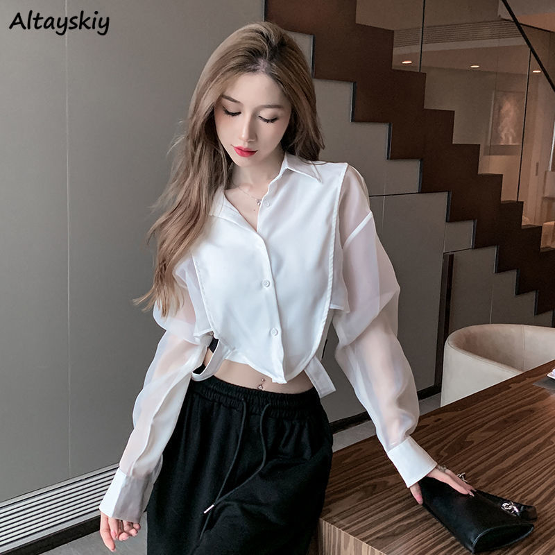 Shirts Women Retro Chic Patchw - Crop Blouse Linen のレビューと価格