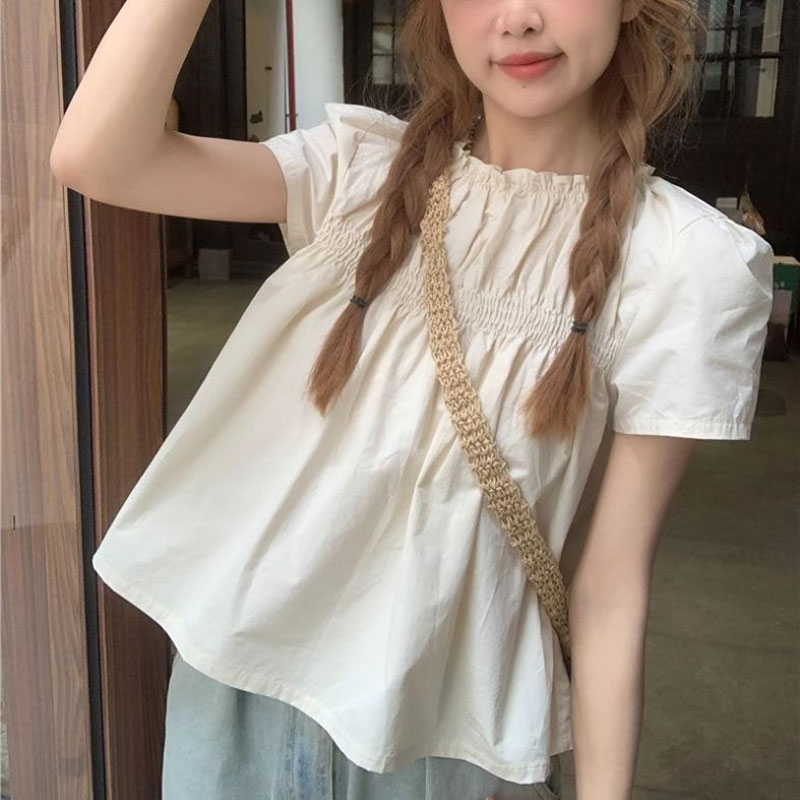 Shirring Solid Color Shirts Fe - Summer Clothing In French のレビューと価格