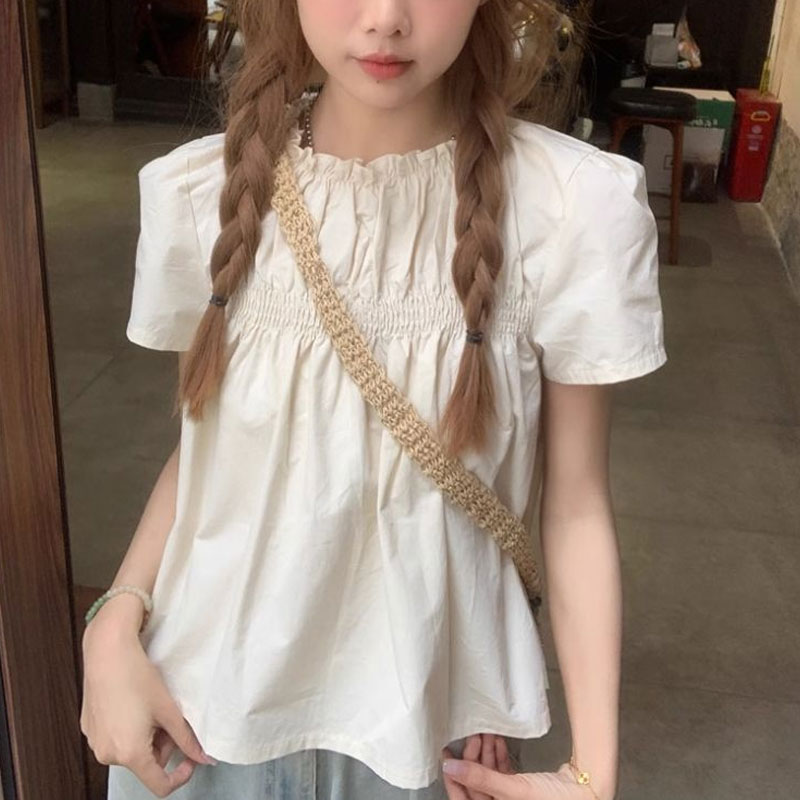 Shirring Solid Color Shirts Fe - Summer Clothing In French のレビューと価格