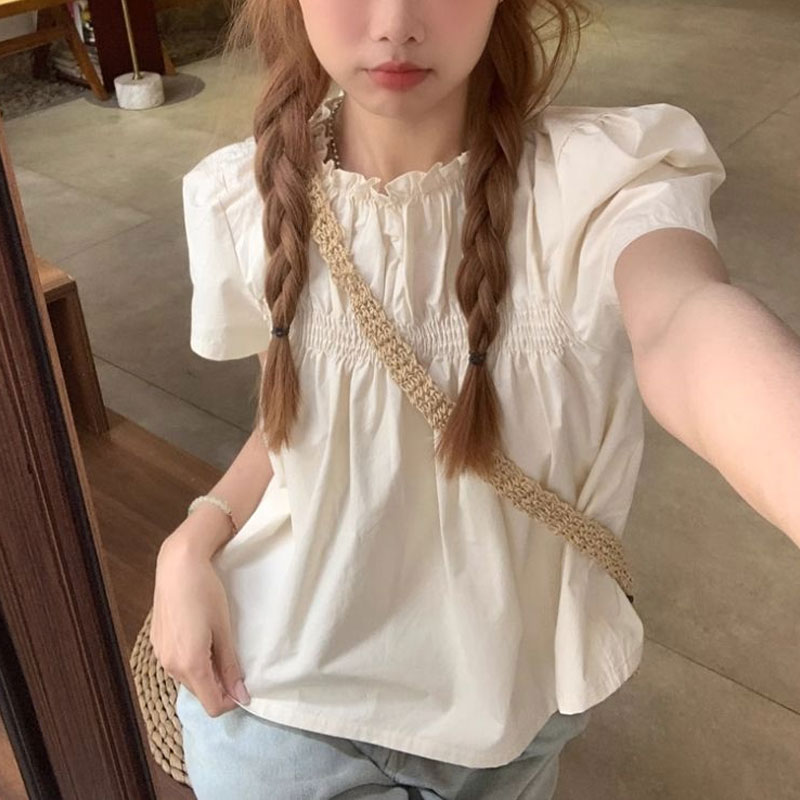 Shirring Solid Color Shirts Fe - Summer Clothing In French のレビューと価格