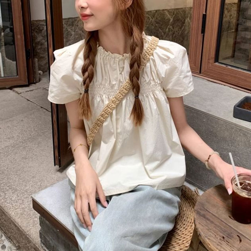 Shirring Solid Color Shirts Fe - Summer Clothing In French のレビューと価格