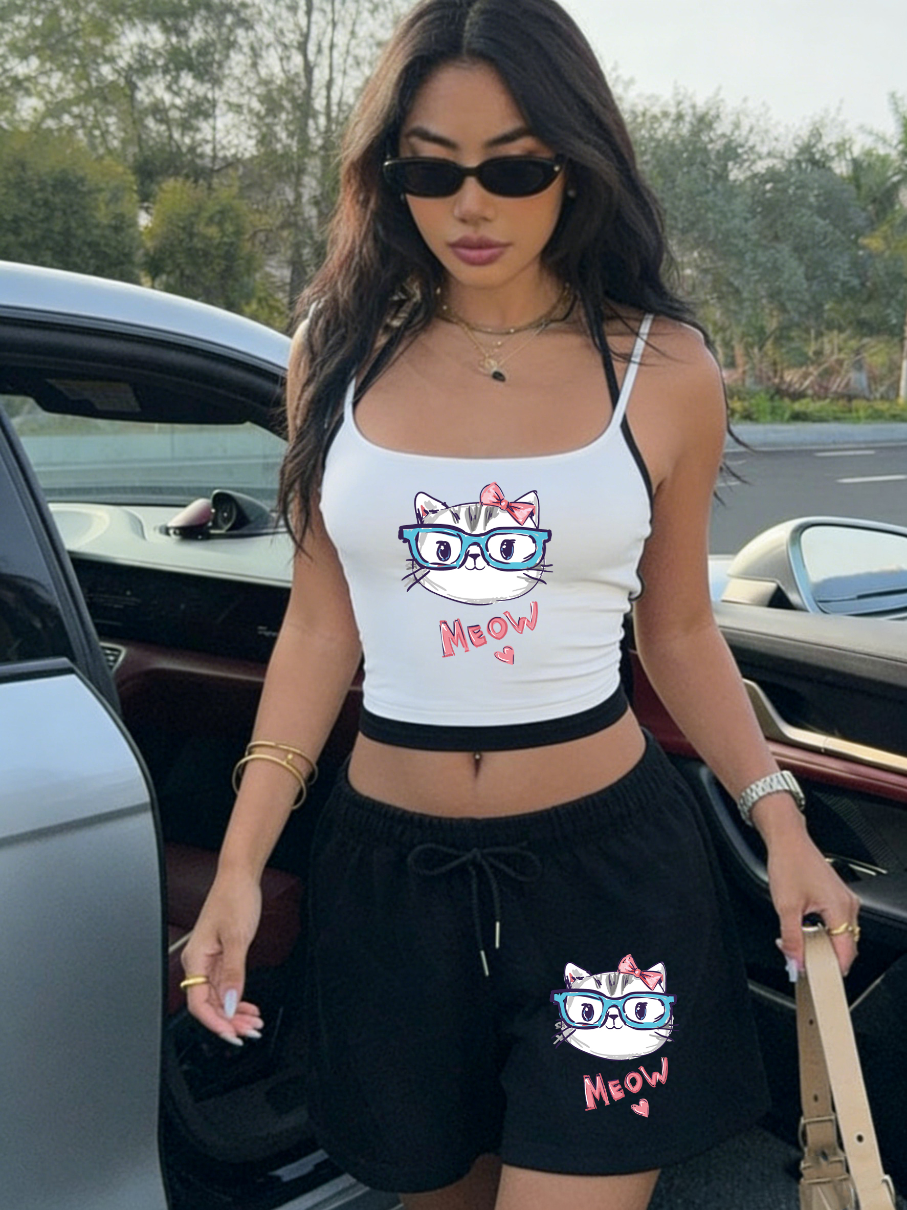 Meow Cute Bow Cat Print Crop T - Halter Neck Top のレビューと価格