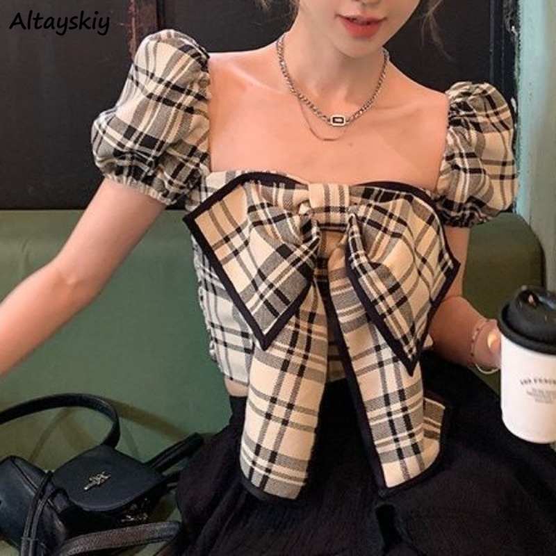 Plaid Blouses Women Y2k Summer - Crop Blouse Linen のレビューと価格