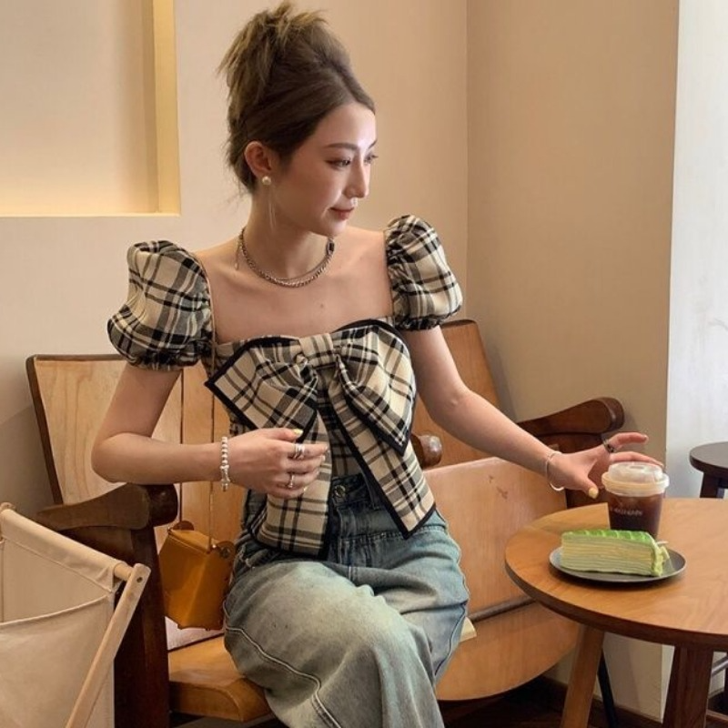Plaid Blouses Women Y2k Summer - Crop Blouse Linen のレビューと価格