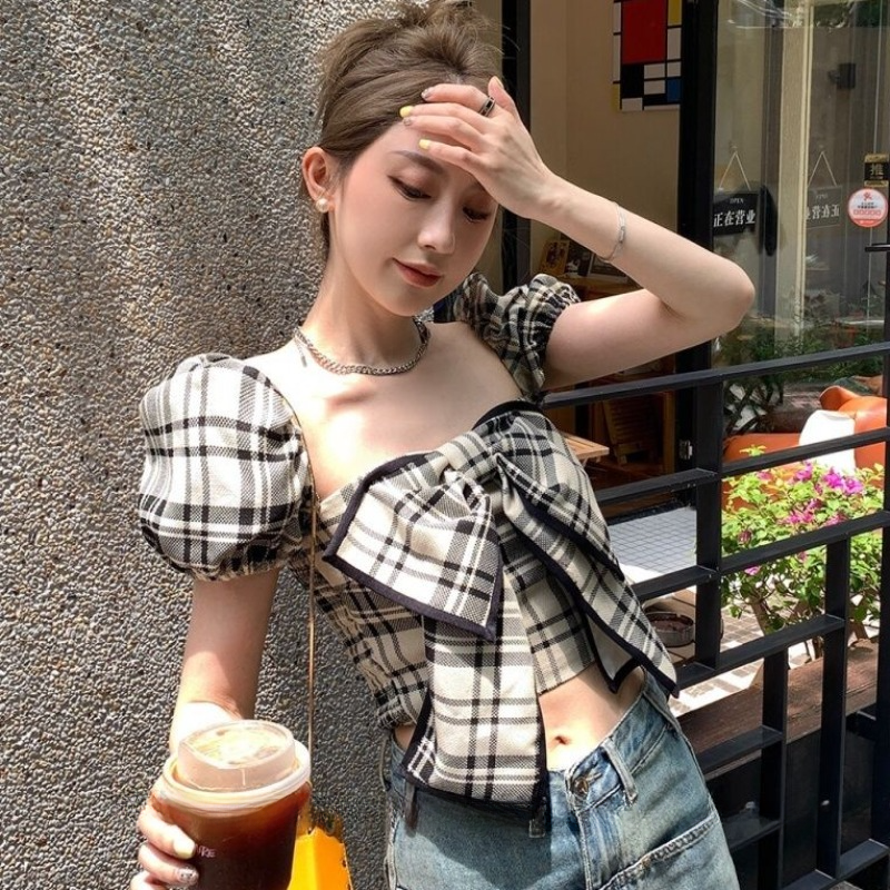Plaid Blouses Women Y2k Summer - Crop Blouse Linen のレビューと価格