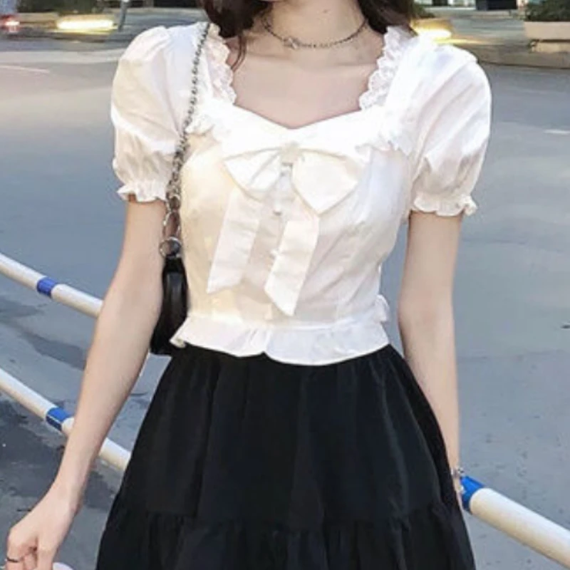 White Blouses Women Bow Design - Crop Blouse Linen のレビューと価格