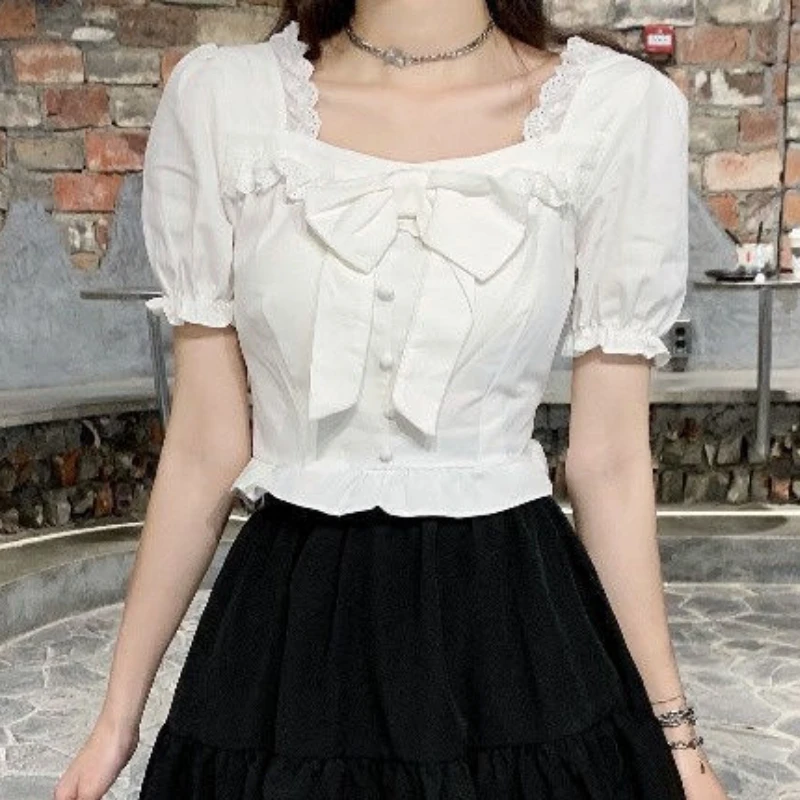 White Blouses Women Bow Design - Crop Blouse Linen のレビューと価格