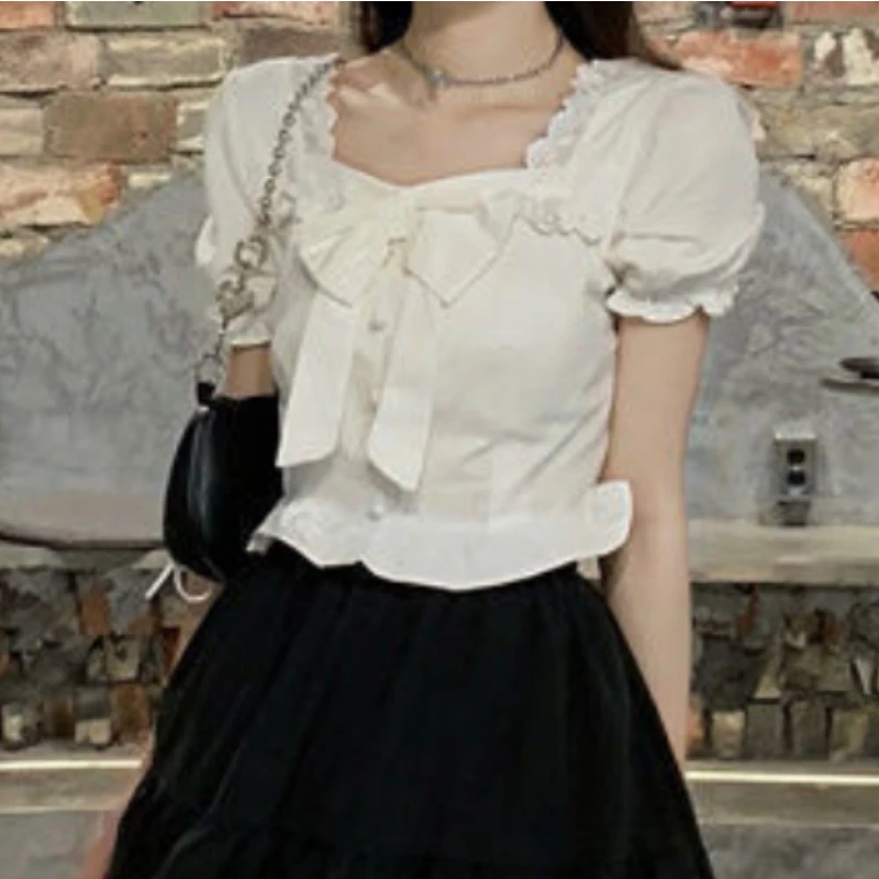 White Blouses Women Bow Design - Crop Blouse Linen のレビューと価格