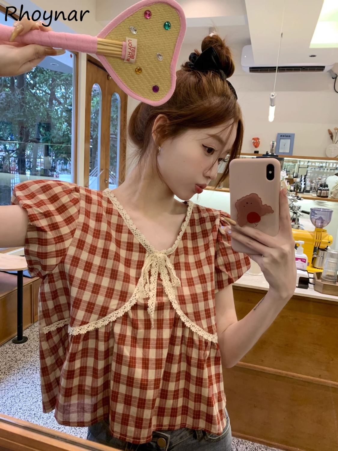 Blouses Women Plaid Vintage Li - Crop Blouse Linen のレビューと価格